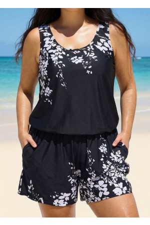 Black Floral Built In Bra Wide Straps Pocket Curvy Women's Swimsuit One Piece Swim Romper