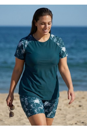 Green Marine Life Print High Neck Upf50+ Short Sleeves Curvy Swimsuit Shirt Two Piece Tankini Set