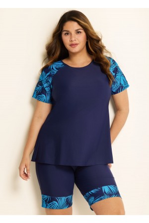 Blue Plants Pullover Short Sleeve Modest Plus Size Fashion Casual Tankini Set