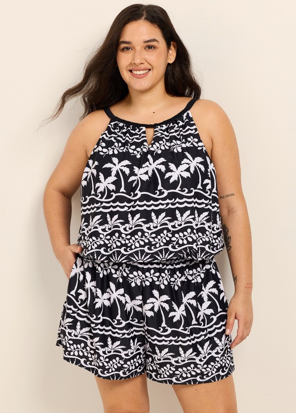 Black White Tropical Print High Neck Modest Pocket Plus Size Swimsuit One Piece Swim Romper