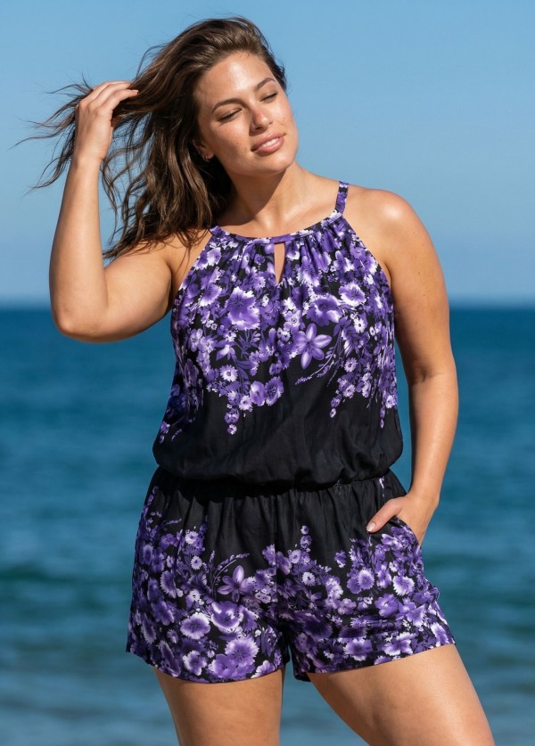 Curvy Purple Floral High Neck Modest Pocket Women's Swimsuit One Piece Swim Romper