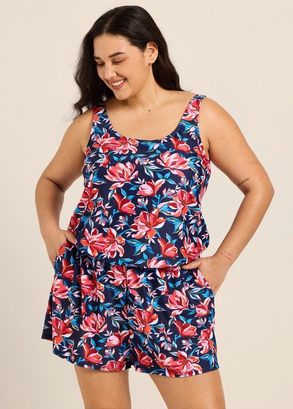 Plus Size Red Floral Scoop Neck Vintage Wide Straps Pocket Swimsuit One Piece Swim Romper