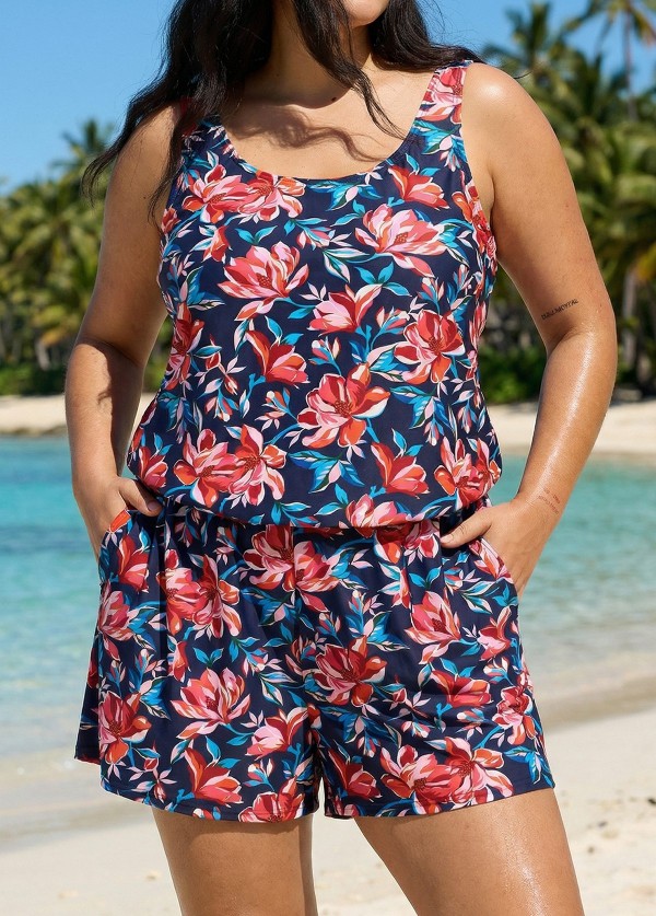 Plus Size Red Floral Scoop Neck Vintage Wide Straps Pocket Swimsuit One Piece Swim Romper