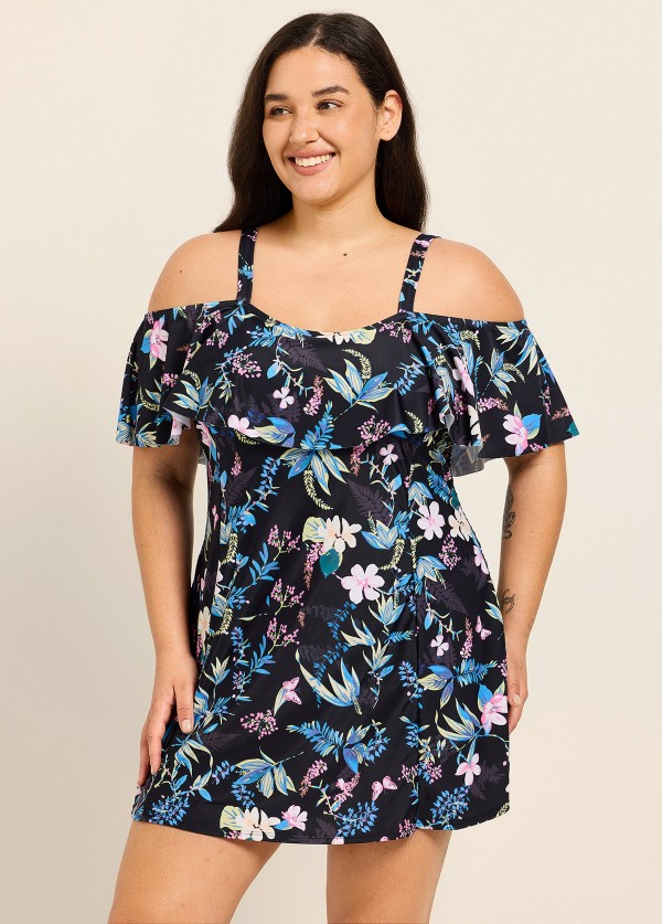 Plus Size Pink Floral Off The Shoulder Vintage Women's Swimsuit One Piece Swimdress