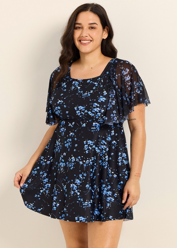 Plus Size Black Floral Print Square Neck Mesh Short Sleeves Vintage Ruffle Swimsuit Swimdress Set