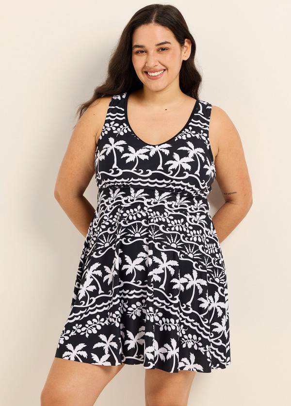 Black White Tropical Print Sleeveless Modest Padded Cross Back Plus Size Swimsuit Swimdress Set