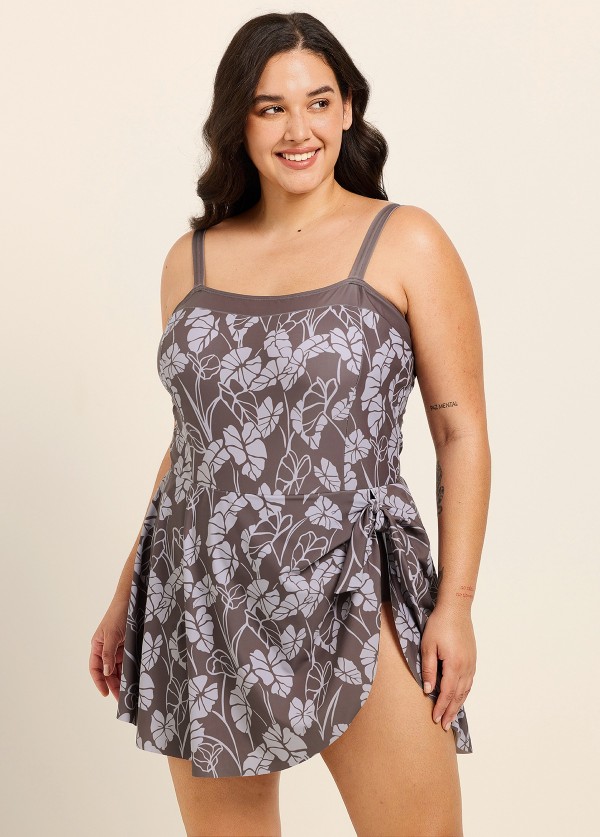 Plus Size Brown Tropical Leaf Vintage Side Knot Side Slit Swimsuit One Piece Swimdress