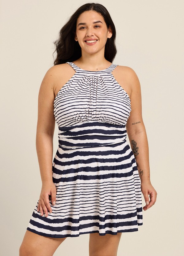 Navy Cream Ethnic Striped High Neck Modest Plus Size Swimsuit Swimdress Set