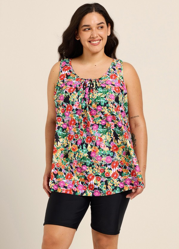 Plus Size Red Floral Scoop Neck Vintage Wide Strap Loose Fit Women's Swimsuit Tankini Top
