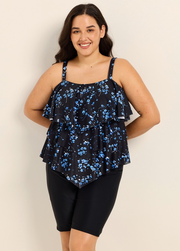 Black Floral Print Modest Layered Ruffles Plus Size Women's Swimsuit Tankini Top