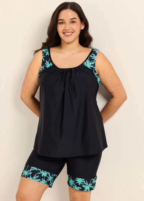 Curvy Black Plant Scoop Neck Flattering Padded Women's Swimsuit Two Piece Tankini Set