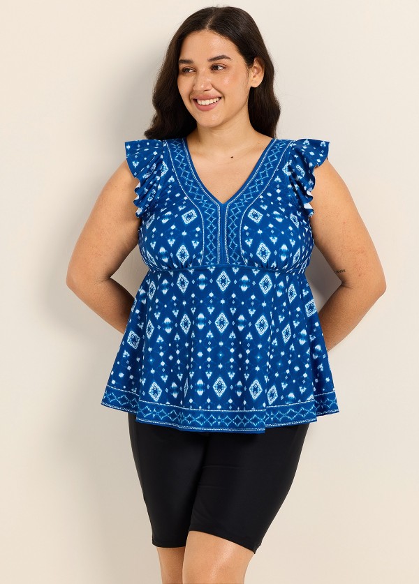 Dark Blue White Geometric V Neck Cap Sleeves Flattering Ruffle Curvy Swimsuit Tankini Top