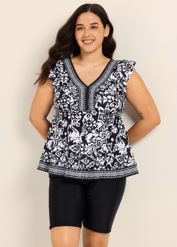 Plus Size Black White Geometric V Neck Cap Sleeves Modest Ruffle Swimsuit Tankini Top