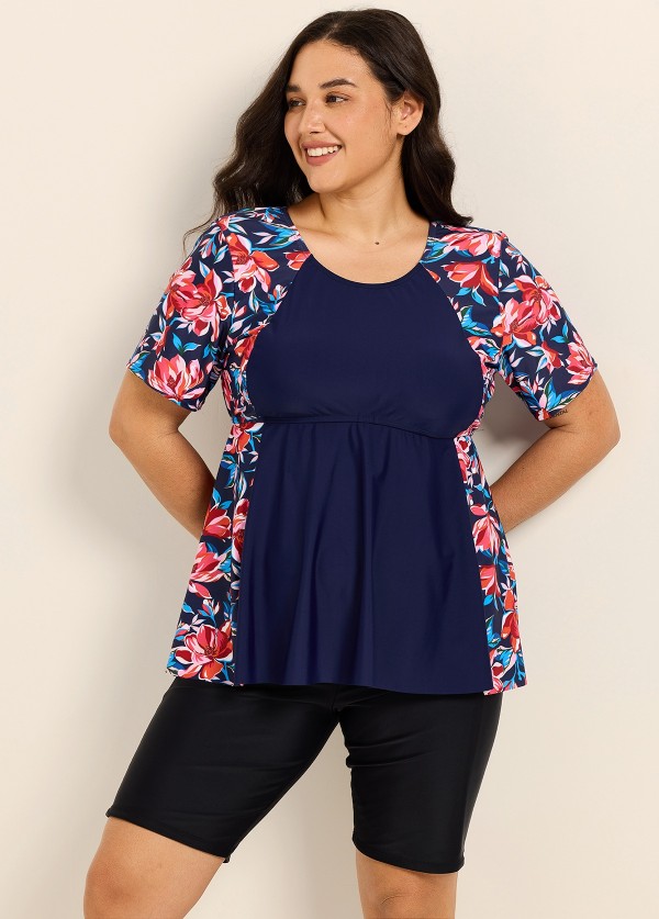 Curvy Red Floral Scoop Neck Upf50+ Short Sleeves Modest Women's Swimsuit Shirt Tankini Top