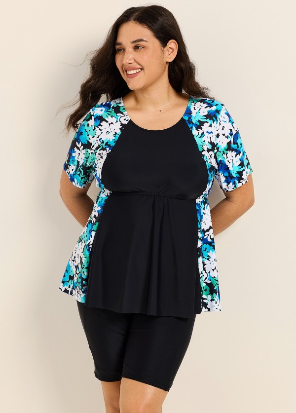 Plus Size Blue Floral Scoop Neck Upf50+ Short Sleeves Vintage Women's Swimsuit Shirt Tankini Top