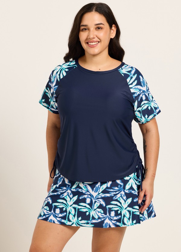 Plus Size Blue Leaf Upf50+ Short Sleeves Modest Side Drawstring Women's Swimsuit Tankini Top