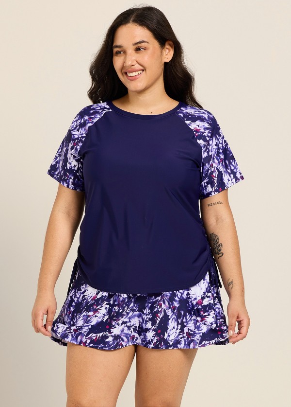 Purple Floral Upf50+ Short Sleeves Vintage Side Drawstring Curvy Women's Swimsuit Tankini Top
