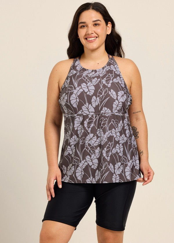 Curvy Brown Tropical Leaf High Neck Vintage Women's Swimsuit Tankini Top