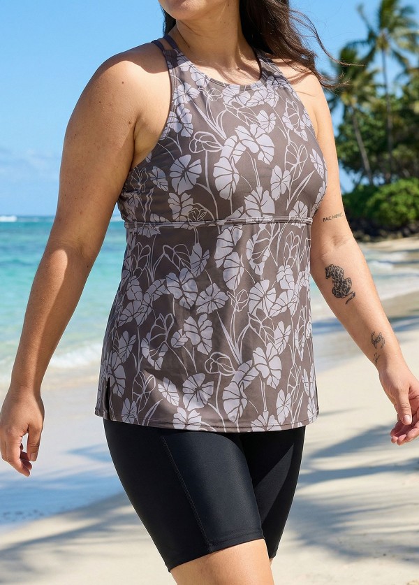 Curvy Brown Tropical Leaf High Neck Vintage Women's Swimsuit Tankini Top
