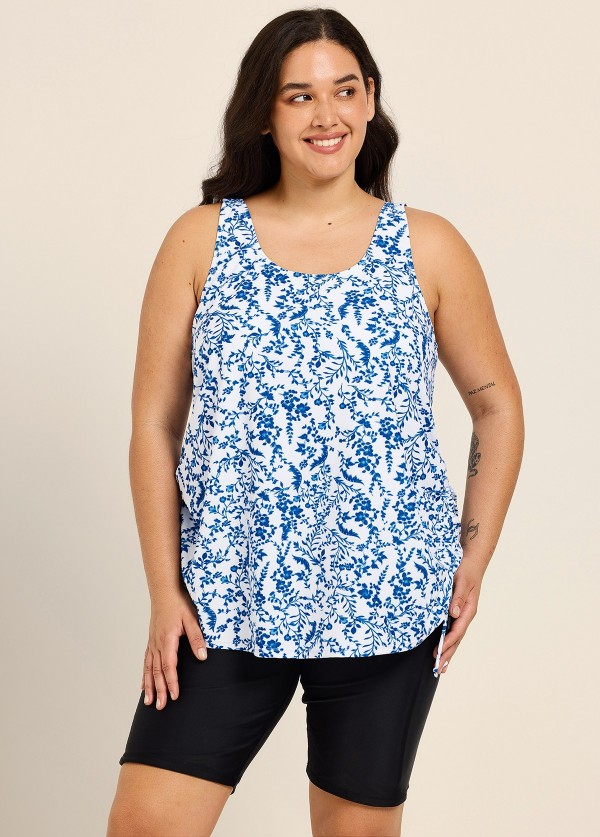 Plus Size Blue Floral Print Scoop Neck Modest Drawstring Women's Swimsuit Tankini Top