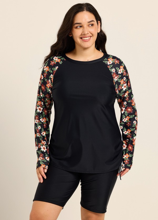 Black Floral Print Upf50+ Long Sleeves Modest Drawstring Plus Size Women's Swimsuit Tankini Top