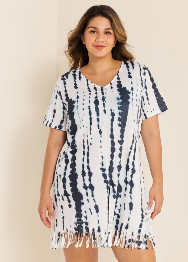 V-Neck Slit Fringe Trim Tunic Cover Up