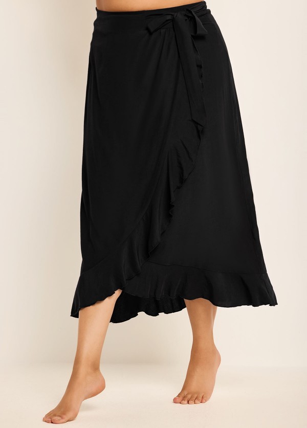 Black Plus Size Holiday Casual Ruffle Trim Tie Wrap Cover Up Skirt