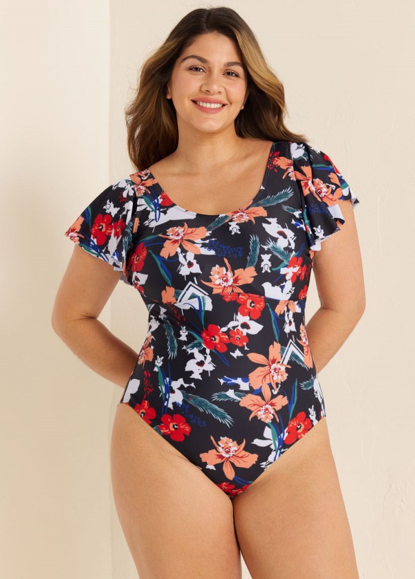 Plus Size Fashionable Floral Print Ruffle Sleeve One Piece Swimsuit
