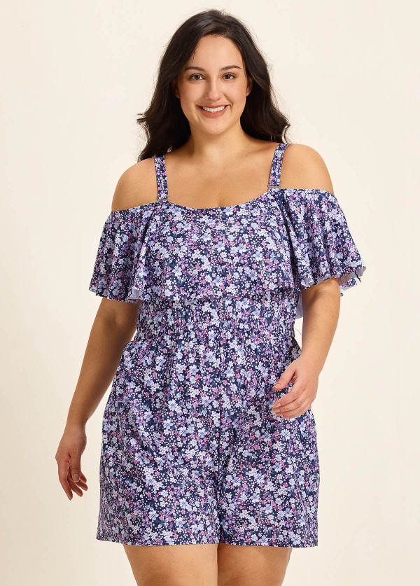 Purple Floral Print Flattering Off Shoulder Ruffled Plus Size Swimsuit One Piece Swim Romper