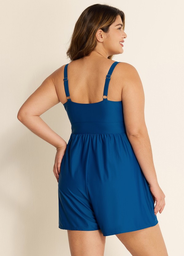 Blue Pocket Lace Up Plus Size 1 Piece Bathing Suits One Piece Swimsuit