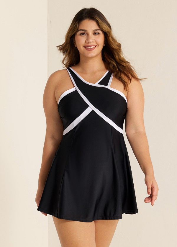Black And White Cross Front High Neck One Piece Swimdress