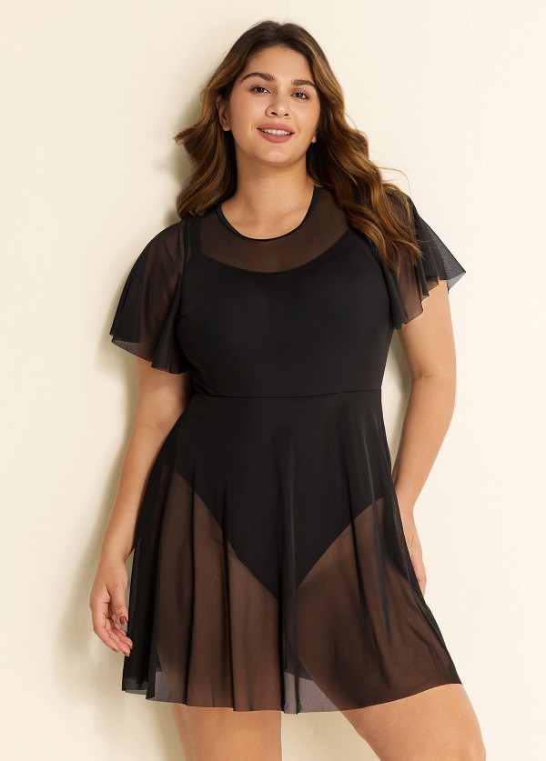 Plus Size Black High Neck Mesh Sleeves One Piece Swimdress