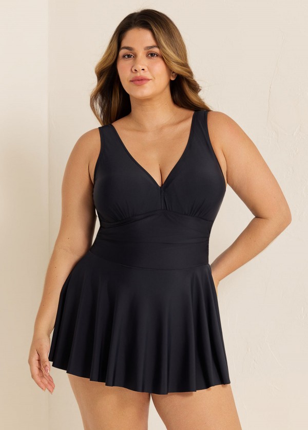 Black Ruched Wide Strap Fashionable Modest Plus Size One Piece Swimdress