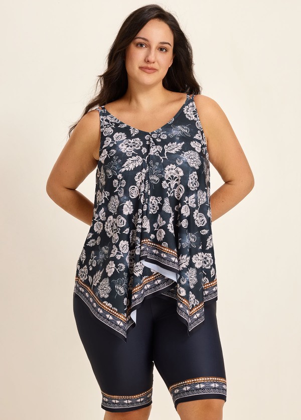 Black Vintage Floral Print Modest Asymmetrical Hem Curvy Swimsuit Two Piece Long Tankini Set
