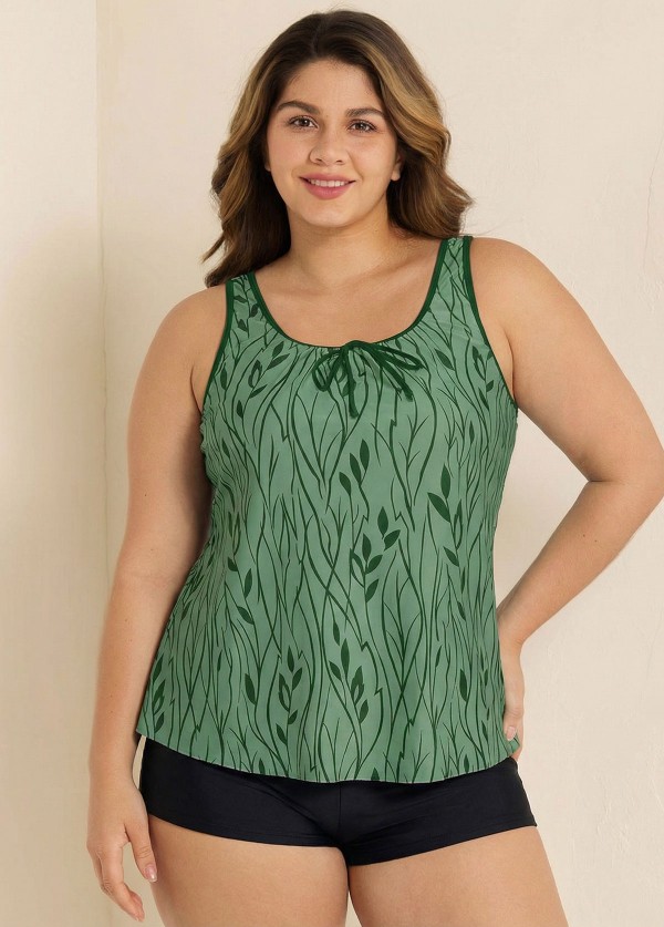Plus Size Leaf Pattern Elegant Tankini Top with Wide Straps