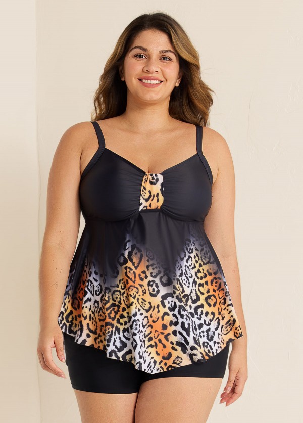 Fashionable Leopard Print V Neck Ruched Front Tankini Top