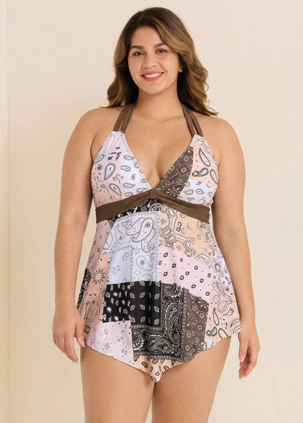 Paisley Print Halter V Neck Flowy Women Tankini Top