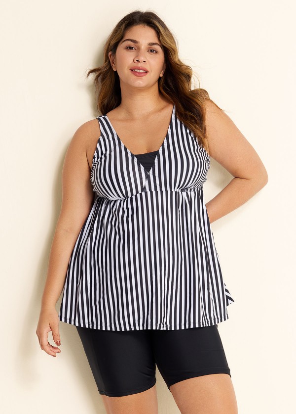 Black And White Striped Print Bow Tie Front Tankini Top