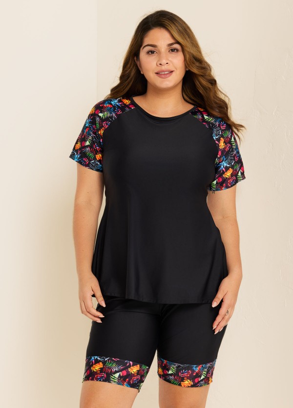 Black Plants Pullover Short Sleeve Modest Plus Size Fashion Casual Tankini Set