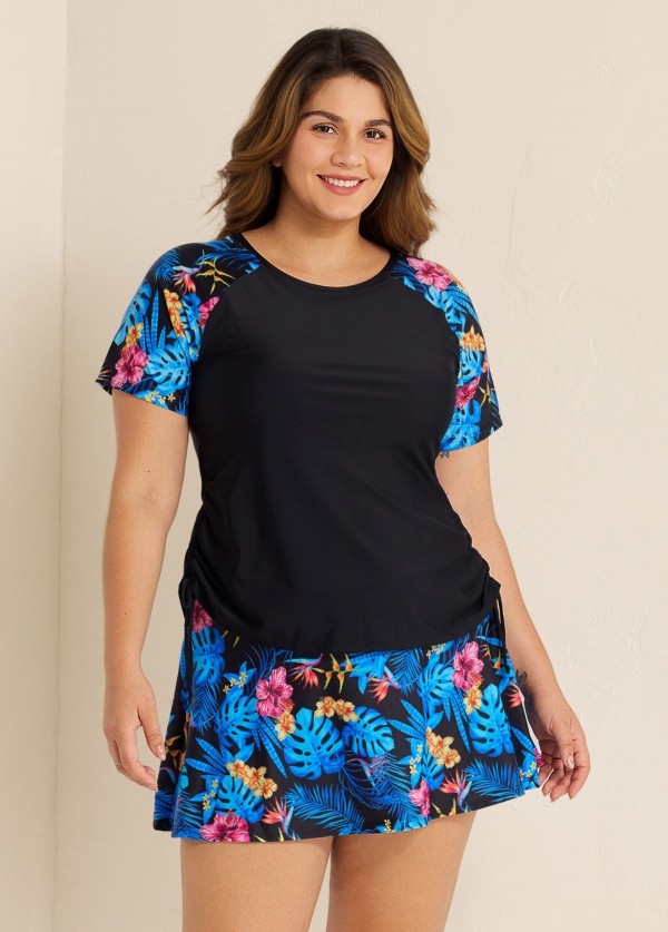 Black Floral Print Side Drawstring Plus Size Tankini Top