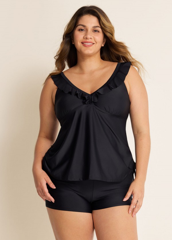 Black V Neck Plus Size Modest Ruffle Drawstring Tankini Swimsuit Top