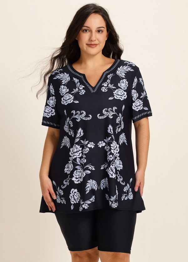 Black Floral V Neck Loose Short Plus Size Swimsuit Tankini Top