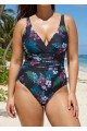 Black Floral Print V Neck Waist Detail One Piece Swimsuit