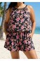 Black Pink Floral Print High Neck Vintage Pocket Plus Size Swimsuit One Piece Swim Romper