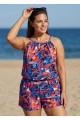 Blue And Red Tropical Leaf High Neck Pocket Plus Size Women's Swimsuit One Piece Swim Romper