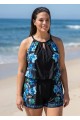 Blue Floral High Neck Vintage Pocket Curvy Women's Swimsuit One Piece Swim Romper