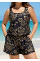 Black Print Wide Strap Pocket Plus Size One Piece Swimsuit Swim Romper