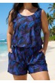 Purple Leaf Black Swimming Costume Scoop Neck Wide Straps and Pocket One Piece Swim Romper