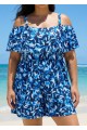 Blue Floral Print Vintage Off Shoulder Ruffled Plus Size Swimsuit One Piece Swim Romper