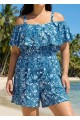 Navy Blue Floral Flattering Off Shoulder Ruffled Curvy Swimsuit One Piece Swim Romper